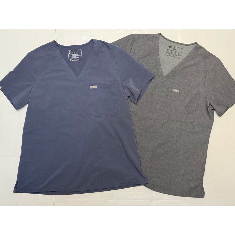 Lot of 2 FIGS Catarina Scrub Tops Technical Collection Gray Blue V-Neck Large